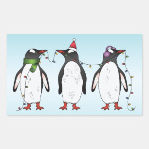 Adesivo Retangular Ilustração de Três Pinguins de Natal Festivos