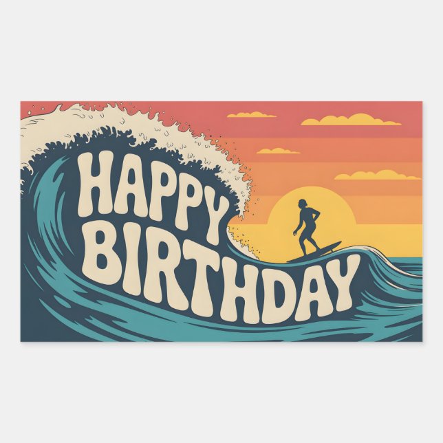 Adesivo Retangular Ilustração do tema Retro Surf "Feliz Aniversário" (Frente)