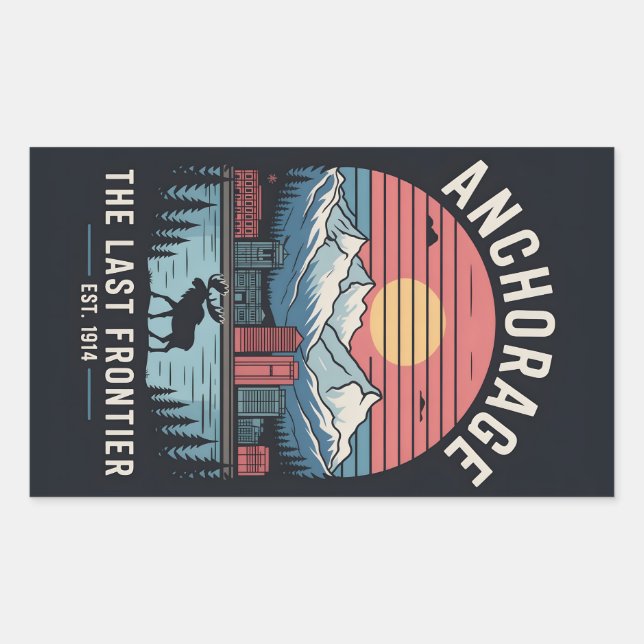 Adesivo Retangular Ilustração Retro de Viagem de Anchorage Alaska Vin (Frente)