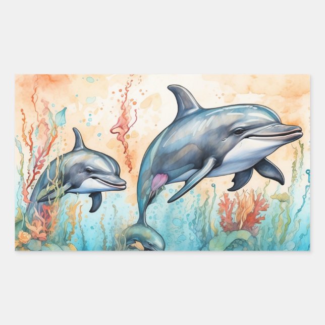 Adesivo Retangular Impressão de arte de golfinhos em aquarela (Frente)