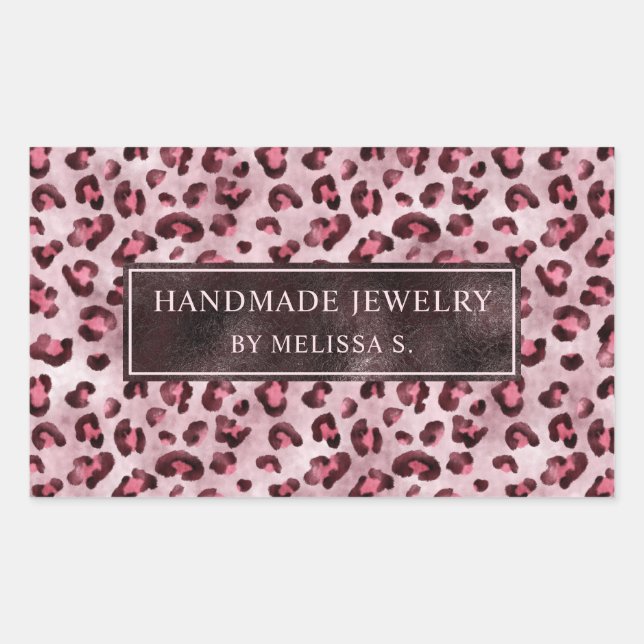 Adesivo Retangular Impressão de leopardo rosa com folha falsa e texto (Frente)