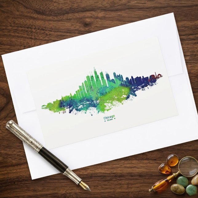 Adesivo Retangular Impressões de Arte em Aquarela da Silhueta de Chic (Chicago Skyline Watercolor Blue & Lime Art Prints. Rectangular Sticker)