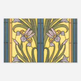 Adesivo Retangular Iris Flor Art Nouveau Vitral Azul Dourado