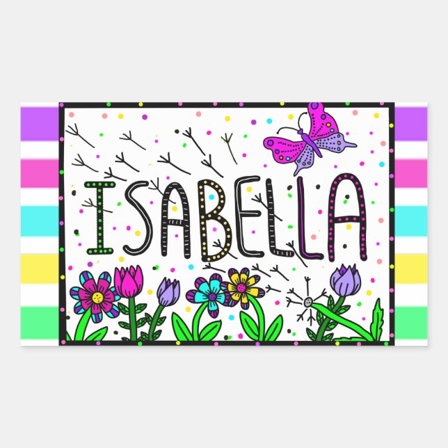 Adesivo Retangular Isabella - O nome Isabella Whimsical Drawing (Frente)