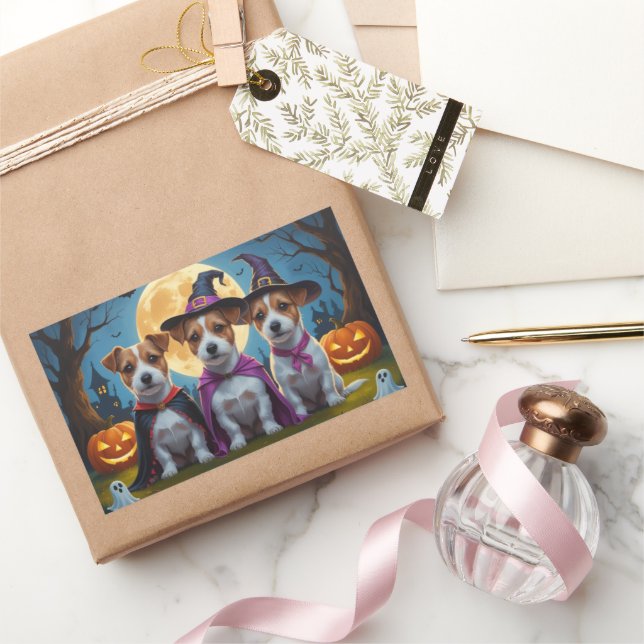 Adesivo Retangular Jack Russell Dogs Pumpkin Halloween Engraçado (Presentear)