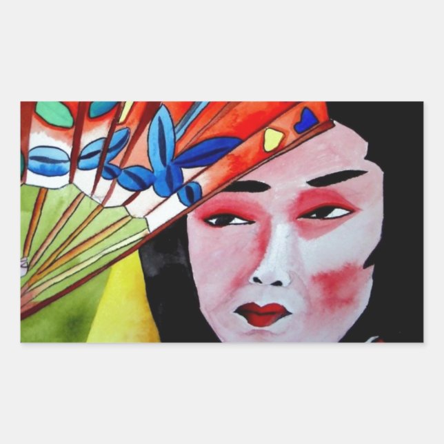 Adesivo Retangular japonês Geisha com fã de pintura de arte original (Frente)
