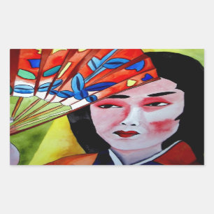 Adesivo Retangular japonês Geisha com fã de pintura de arte original