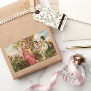 Adesivo Retangular Jesus Cristo Ensinando Crianças, Religião Vintage