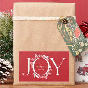 Adesivo Retangular Joy Wreath Holiday Christmas Red Gift Tag Sticker