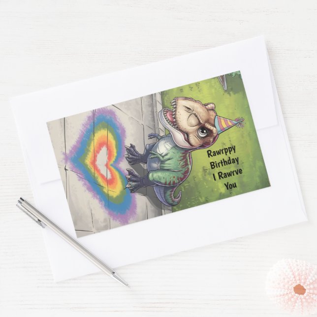 Adesivo Retangular Kawaii trex arco-íris ouve na calçada (Envelope)