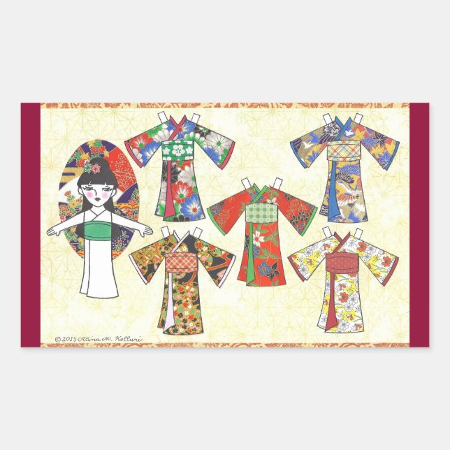 Adesivo Retangular Kimono Girl Kokeshi Paper Dolkers (Frente)