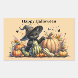 Adesivo Retangular Kitten da Bruxa Negra do Halloween W/ Pumpkins Gou