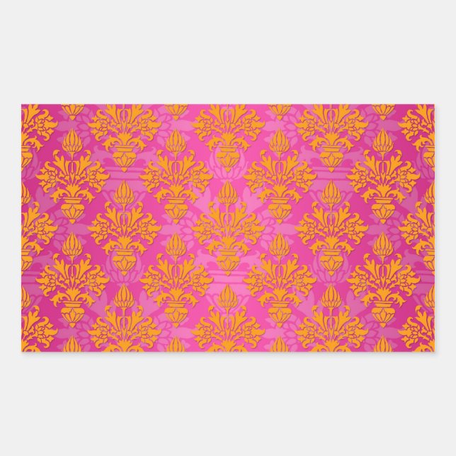 Adesivo Retangular Laranja Vibrante e Rosa Floral Damasco (Frente)