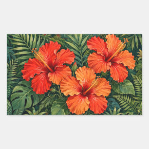 Adesivo Retangular Laranjas Luxuriantes Hibisco Flores Tropicais da S