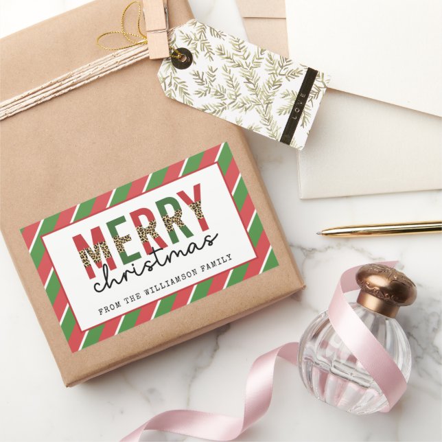 Adesivo Retangular Leopardo do Natal Moderno Imprime Greve Verde Verm (Presentear)