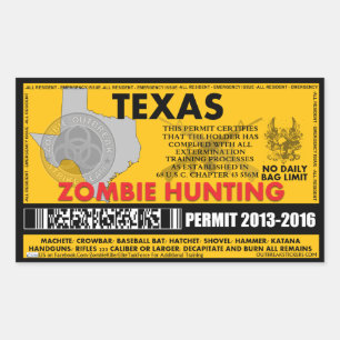 Adesivo Retangular Licença Texas da caça do zombi