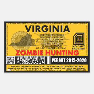 Adesivo Retangular Licença Virgínia da caça do zombi