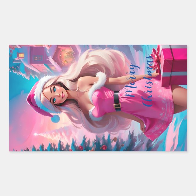 Adesivo Retangular Linda garota de Natal rosa 01 (Frente)