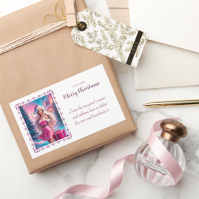 Adesivo Retangular Linda garota de Natal rosa 01 (Presentear)