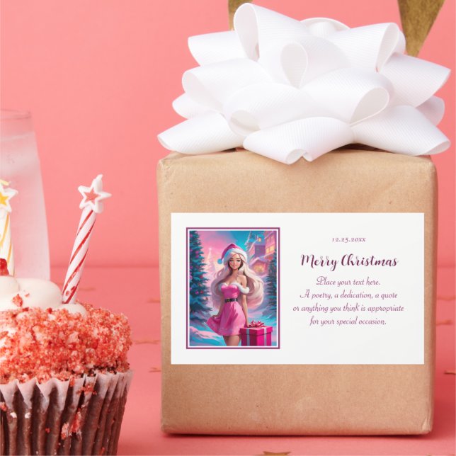 Adesivo Retangular Linda garota de Natal rosa 01 (Festa)