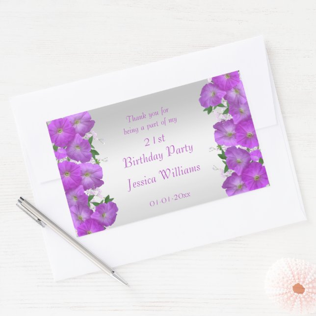 Adesivo Retangular Lindas Petúnias Florais de Aniversário com Classe (Envelope)