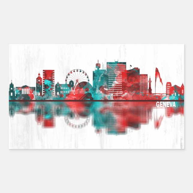 Adesivo Retangular Linha do Skyline da Suiça de Genebra (Frente)