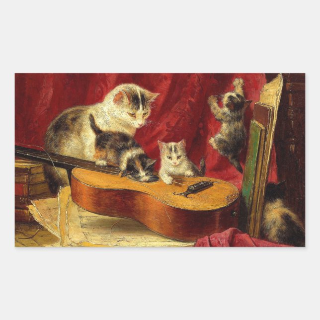 Adesivo Retangular Mãe Gato e Gatinhos Brincando com Violão (Frente)