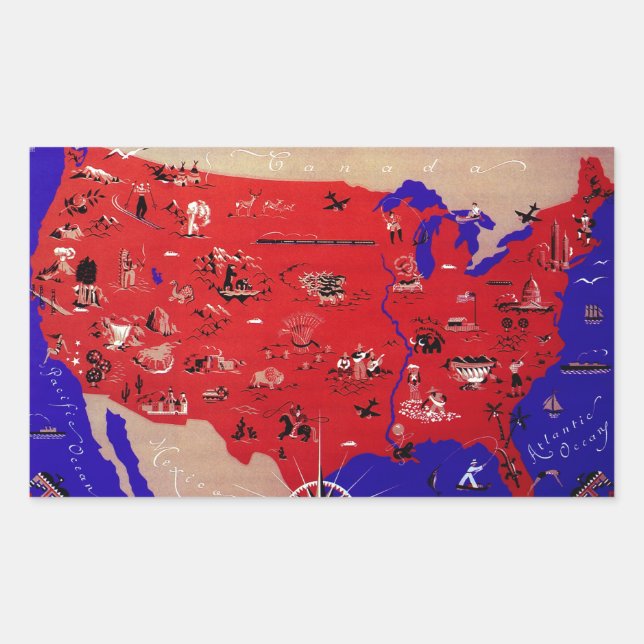 Adesivo Retangular Mapa Antigo do Bureau de Turismo dos Estados Unido (Frente)