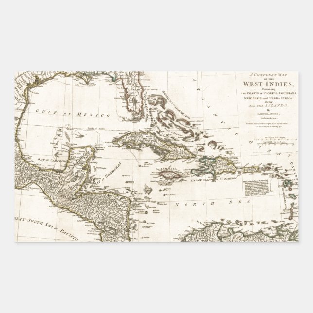 Adesivo Retangular Mapa das Índias Ocidentais por Samuel Dunn (1774) (Frente)