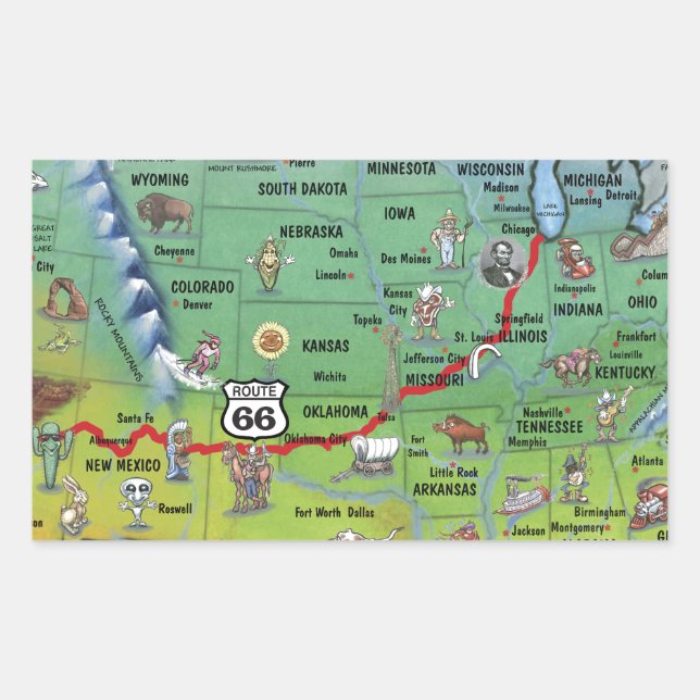 Adesivo Retangular Mapa de Cartoons da Rota 66 Histórica (Frente)