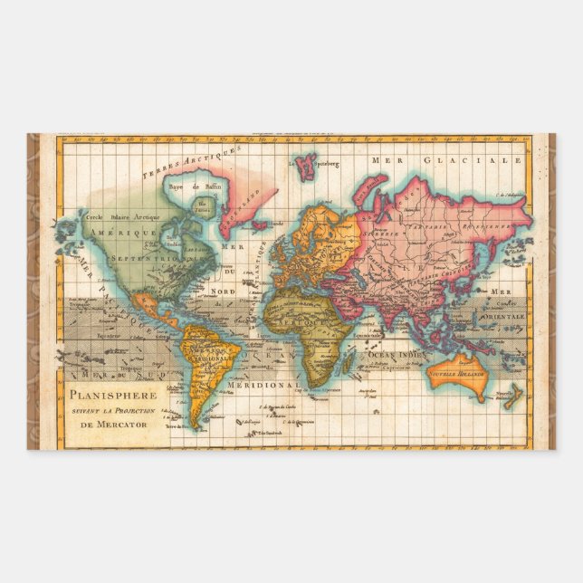 Adesivo Retangular Mapa Mundial 1780 Bonne Antique Planisferio  (Frente)