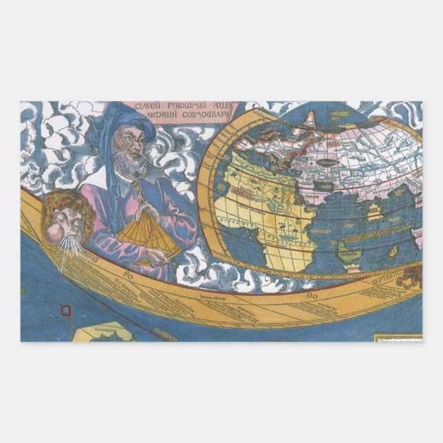 Adesivo Retangular Mapa Mundial Antigo com Cláudio Ptolomeu, 1507 (Frente)