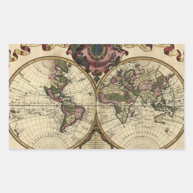 Adesivo Retangular Mapa mundial antigo de Guillaume de L'Isle, 1720 (Frente)