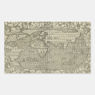 Adesivo Retangular Mapa mundial antigo de Sebastian Münster por volta