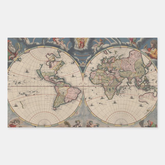 Adesivo Retangular Mapa Mundial Antiquado: Arte Cartográfica Históric (Frente)