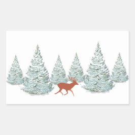 Adesivo Retangular Marrom veado sob neve coberto por árvores de Spruc