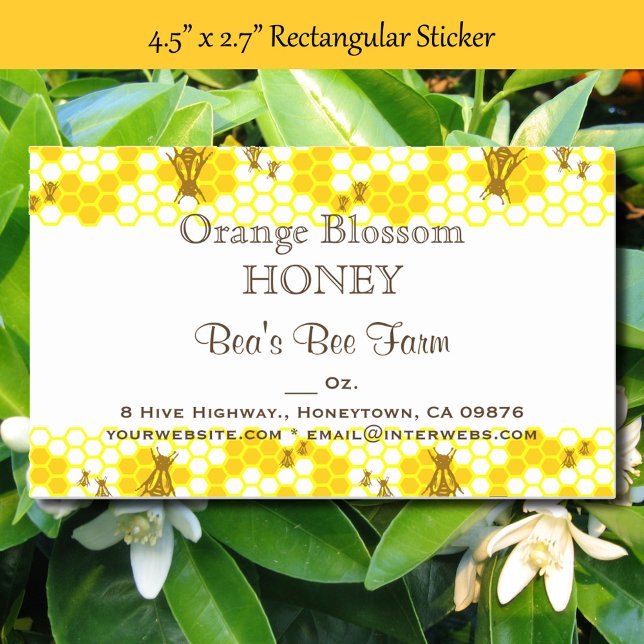Adesivo Retangular Mel Bee Honeycomb Personalizado 4,5" x 2,7" (Honey Bee Honeycomb Product Honey Bee Honeycomb Product 4.5” x 2.7 Rectangular Stickers)