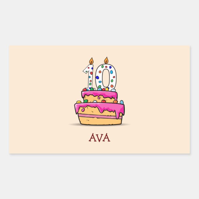 Adesivo Retangular Menina do 10º Aniversário, 10 no Bolo Rosa Doce (Frente)