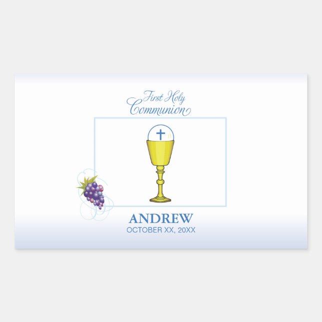 Adesivo Retangular Menino Primeira Comunhão, Cálice com Hóstia e Uvas (Frente)