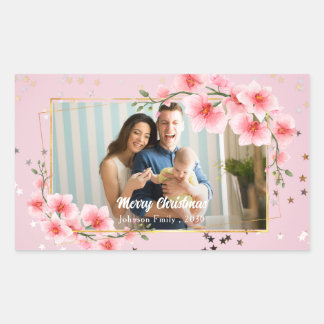 Adesivo Retangular Merry Christmas Holiday Photo Classic pink floral