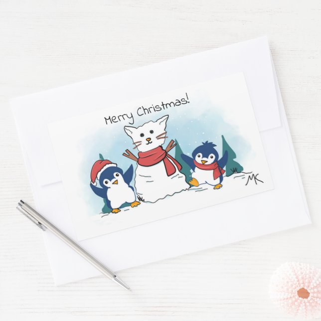 Adesivo Retangular Merry Christmas Penguins building a Snow Cat (Envelope)