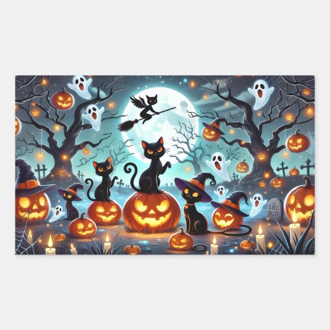 Adesivo Retangular Midnight Magic: Black Cats & Pumpkins Halloween  (Frente)