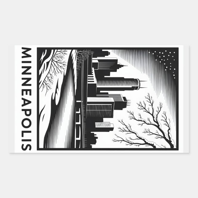 Adesivo Retangular Minneapolis Skyline Black and White Woodcut Winter (Frente)