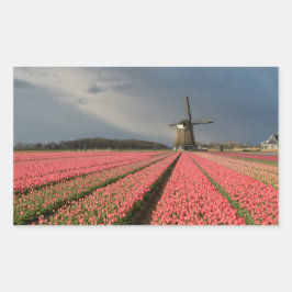 Adesivo Retangular Moinho de vento com tulipas rosa em primavera