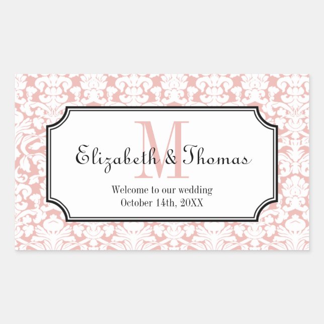 Adesivo Retangular Moldura rosa monograma, moldura de damasco da cida (Frente)