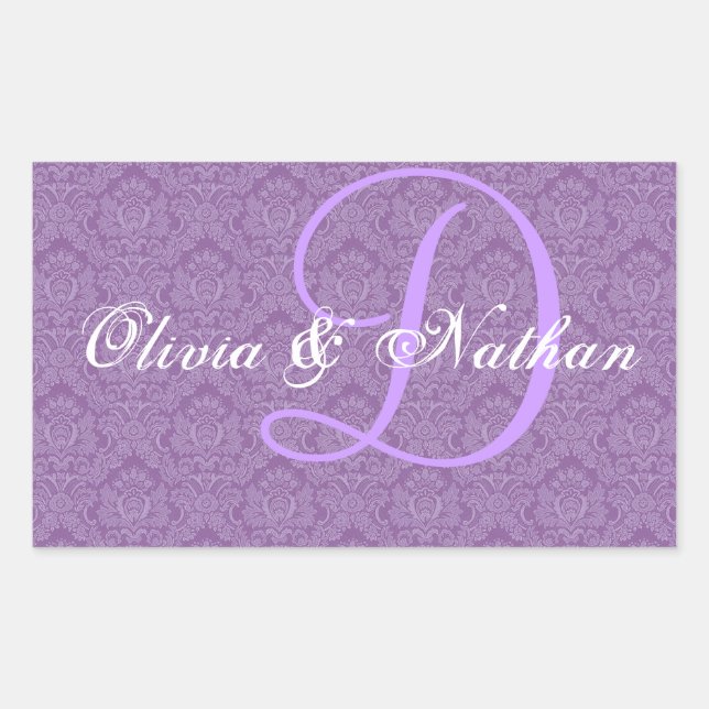Adesivo Retangular Monograma D Sticker de Damasco de Casamento Púrpur (Frente)