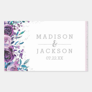 Adesivo Retangular Monograma de casamento roxo floral e prata chique