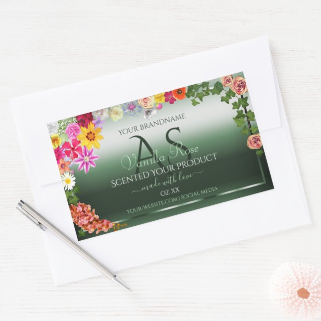 Adesivo Retangular Monograma dos Rótulos de Produto Floral Verde Escu (Envelope)