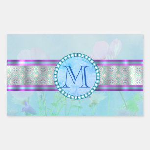 Adesivo Retangular Monograma Floral Azul Pastel