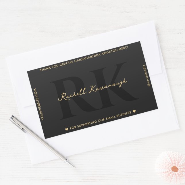 Adesivo Retangular Monograma Simples Moderno Preto Elegante Dourado (Envelope)